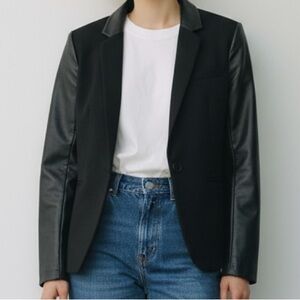 Aritzia Babaton Fred Black Wool Cashmere Blazer Faux Leather Sleeves Sz 0 Career